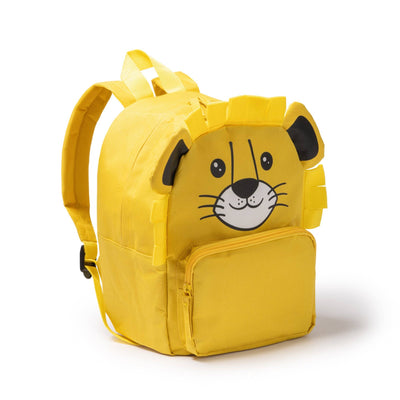 Zainetto animale bambino a forma di leone giallo con tasca frontale e manici imbottiti. Design divertente ideale per la scuola materna.