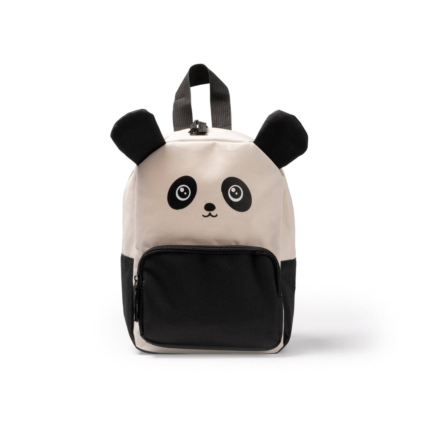 Zainetto animale bambino a forma di panda con tasca frontale nera e manici imbottiti. Design divertente ideale per la scuola materna.