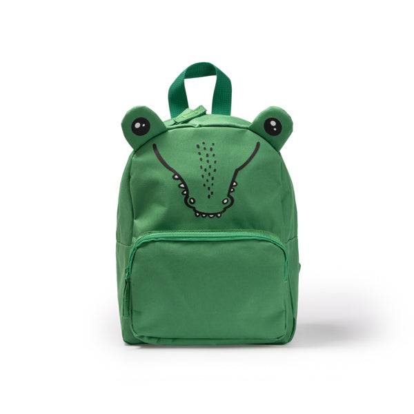 Zainetto animale bambino a forma di coccodrillo verde con tasca frontale e manici imbottiti. Design divertente ideale per la scuola.