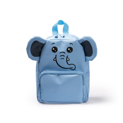 Zainetto animale bambino a forma di elefante azzurro con orecchie 3D, tasca frontale con zip e manico superiore imbottito. Design divertente per scuola.