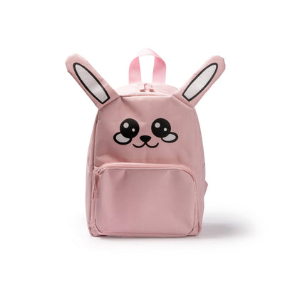 Zainetto animale bambino rosa a forma di coniglio con orecchie imbottite e faccina stampata. Zaino scuola con tasca frontale e spallacci imbottiti.