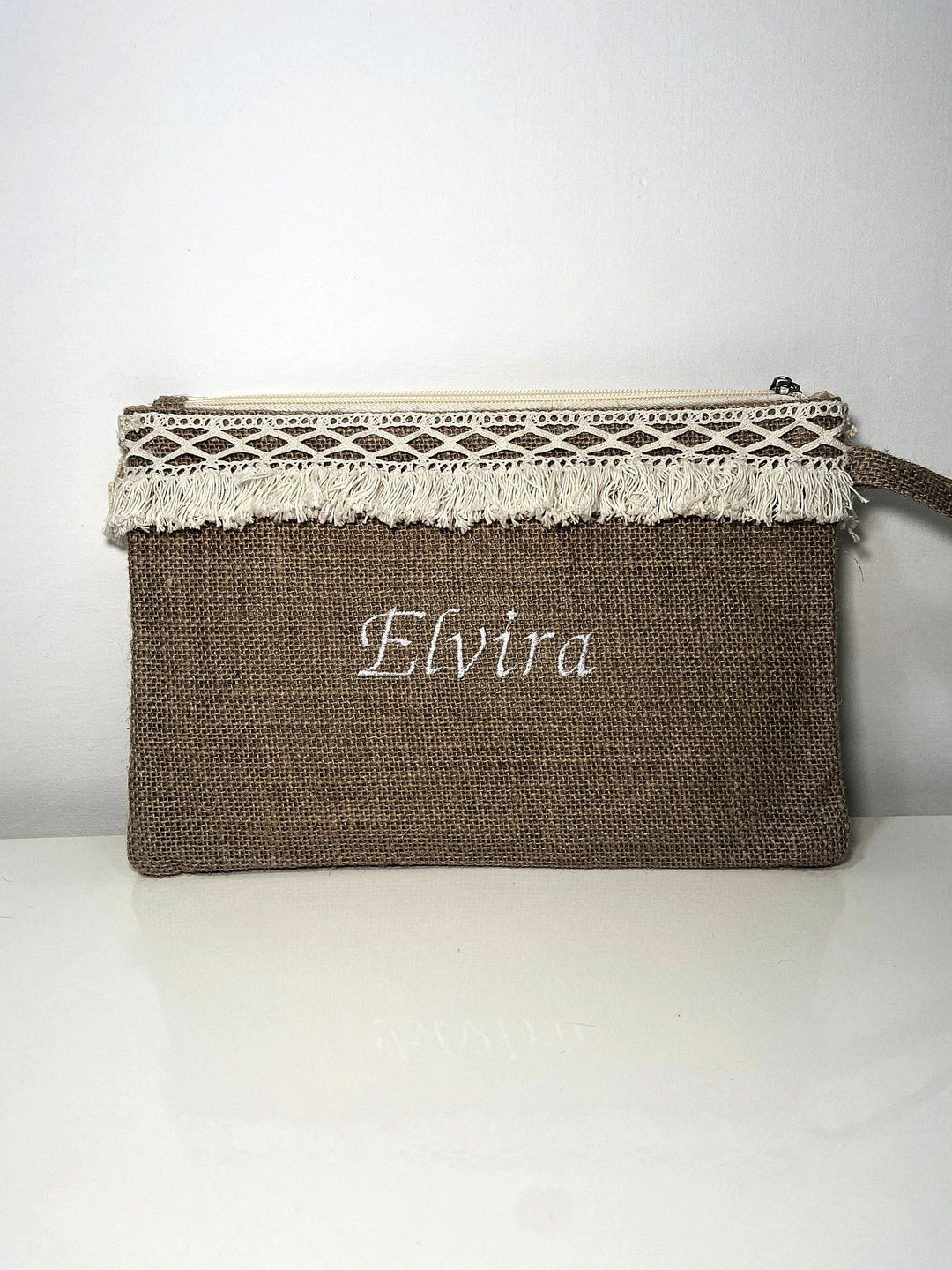 Pochette in juta con passamaneria personalizzata, vista 1