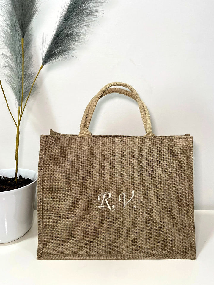 Borsa Juta Big Personalizzata con iniziali o nome, shopper bag in juta con manici in tessuto, personalizzabile
