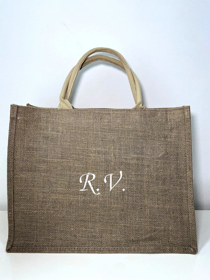 Borsa in juta personalizzata con iniziali R.V. per shopping e accessori moda