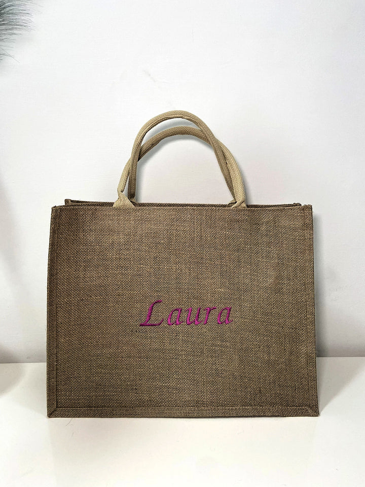 Borsa in juta personalizzata con nome Laura, con manici in tessuto naturale, ideale per shopping e accessori moda