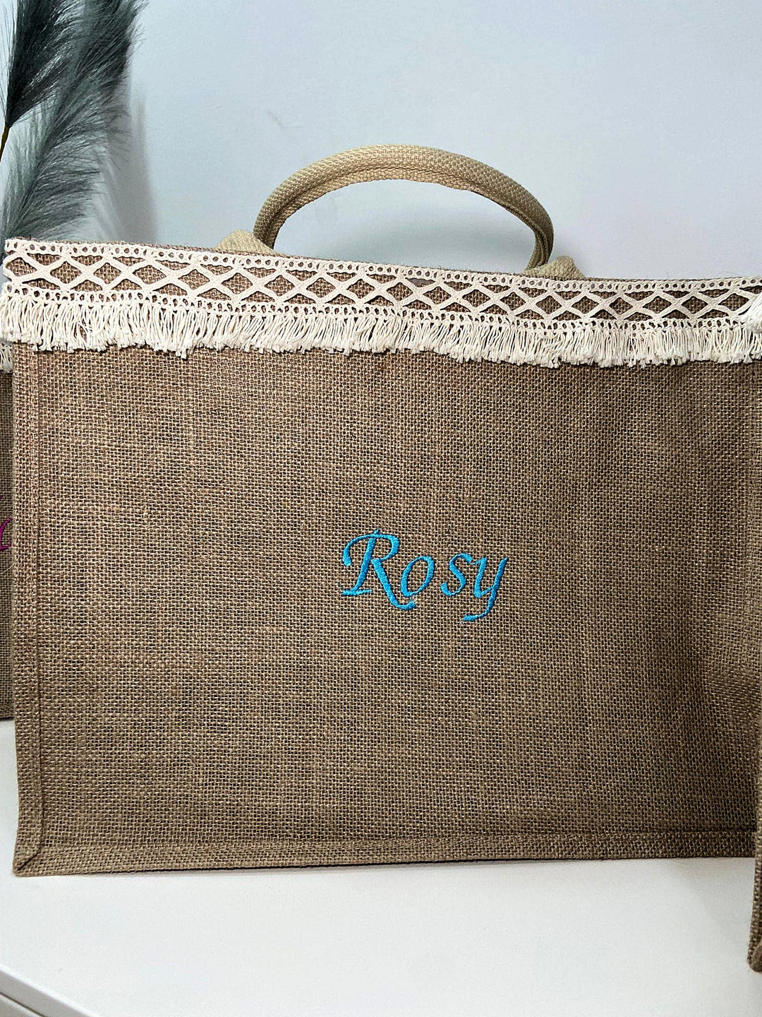Borsa in juta Big con passamaneria e nome ricamato, vista 3