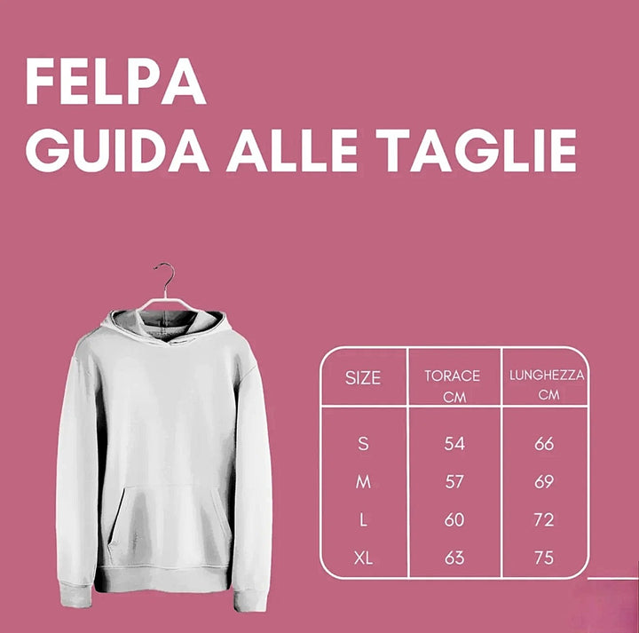 Guida alle taglie felpa con cappuccio, disponibile in varie misure, con dettagli di torace e lunghezza in centimetri, sfondo rosa