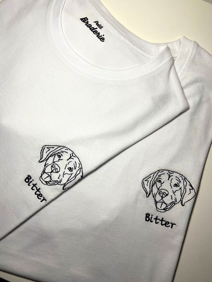 T-shirt bianca personalizzata con ricamo di testa di cane e nome Bitter, idea regalo per amanti degli animali